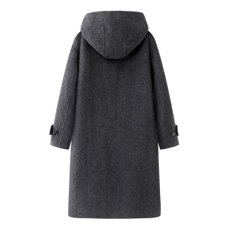 Palton lung cu glugă din lână, croială lejeră, țesătură Poliester, nasturi în 1 rând - stil britanic