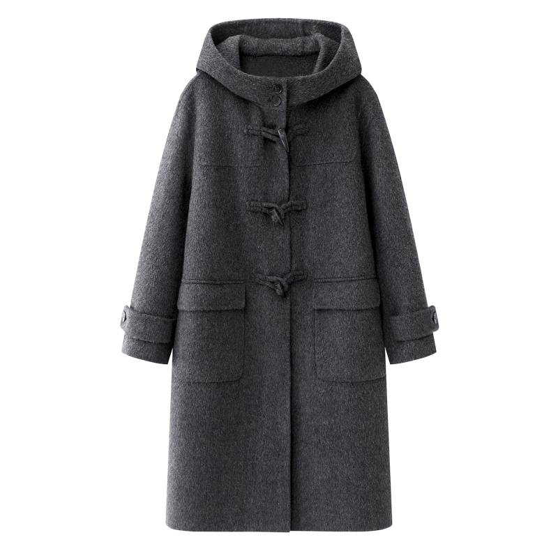Palton lung cu glugă din lână, croială lejeră, țesătură Poliester, nasturi în 1 rând - stil britanic