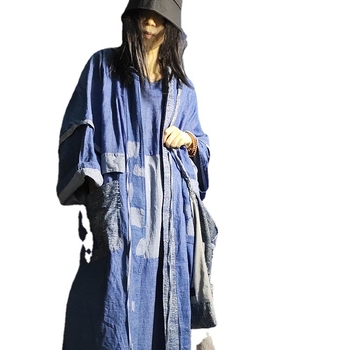 Denim dugi vanjski plašt slobodnog kroja, Batwing rukavima, bez ovratnika, produžena duljina iznad 100 cm