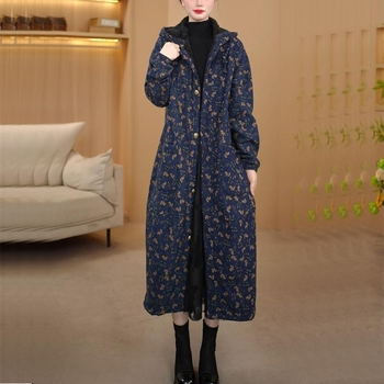 Palton trench cu glugă pentru femei, căptușit cu fleece, grosime medie, imprimeu floral rupt, lungime extinsă, amestec poliester-bumbac