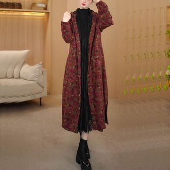 Palton trench cu glugă pentru femei, căptușit cu fleece, grosime medie, imprimeu floral rupt, lungime extinsă, amestec poliester-bumbac