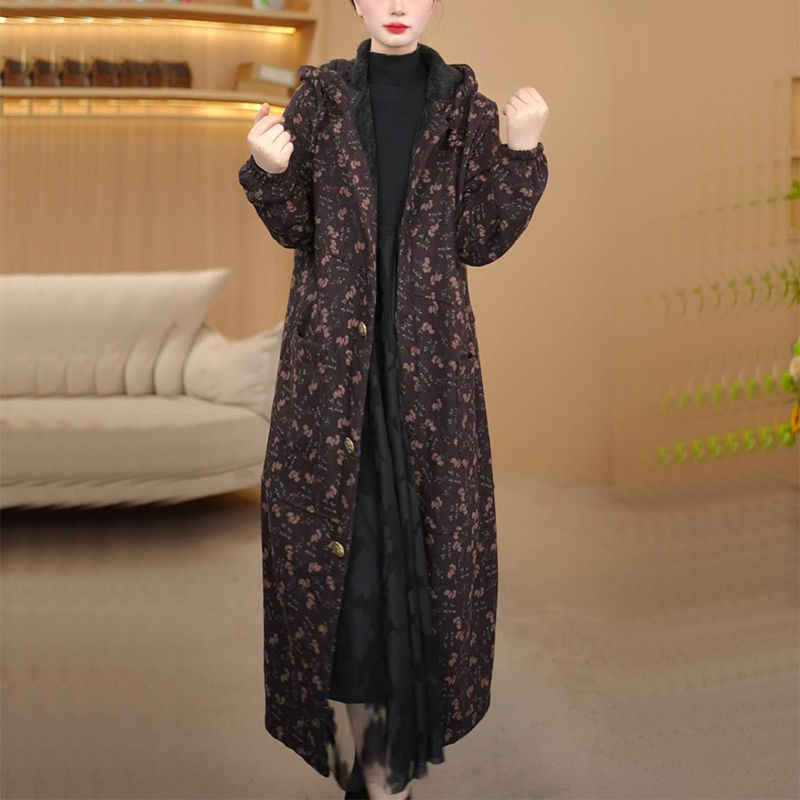 Palton trench cu glugă pentru femei, căptușit cu fleece, grosime medie, imprimeu floral rupt, lungime extinsă, amestec poliester-bumbac