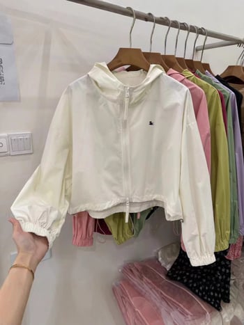 Късо палто с качулка за слънцезащита, лека полиестерна тъкан, принтен модел, дълги ръкави, цип, лято 2025, японски/корейски свободен стил