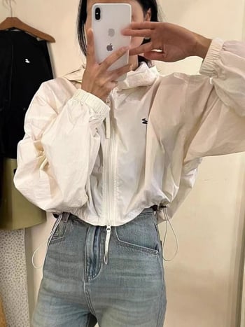 Късо палто с качулка за слънцезащита, лека полиестерна тъкан, принтен модел, дълги ръкави, цип, лято 2025, японски/корейски свободен стил