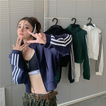 Chenille kaput sa zatvaračem, polo ovratnik, prugasti dugi rukavi, ravni kroj, Spandex <30%, Jesen/Zima 2024, žene