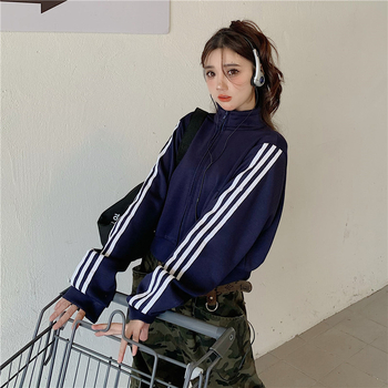 Chenille kaput sa zatvaračem, polo ovratnik, prugasti dugi rukavi, ravni kroj, Spandex <30%, Jesen/Zima 2024, žene