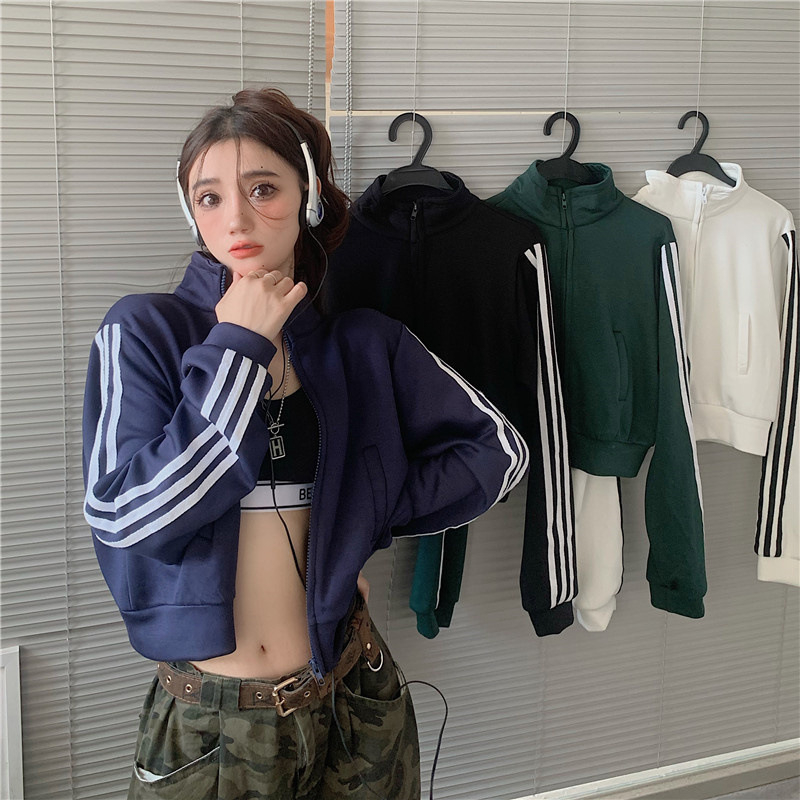 Chenille kaput sa zatvaračem, polo ovratnik, prugasti dugi rukavi, ravni kroj, Spandex <30%, Jesen/Zima 2024, žene