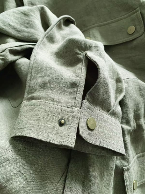 Ζακέτα workwear από κάνναβη, με μισό-υψωμένο γιακά, Raglan μανίκια, κρυφό κουμπί, μεσαίου μήκους