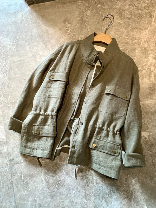 Ζακέτα workwear από κάνναβη, με μισό-υψωμένο γιακά, Raglan μανίκια, κρυφό κουμπί, μεσαίου μήκους