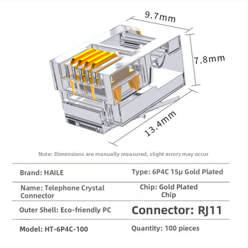 Telefona kristāla savienotājs RJ11 6P4C HT-6P4C, HAILE – piemērots telefona kabeliem, patch panelim un ADSL dalītājam