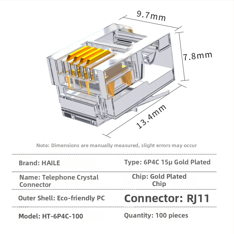 Telefona kristāla savienotājs RJ11 6P4C HT-6P4C, HAILE – piemērots telefona kabeliem, patch panelim un ADSL dalītājam