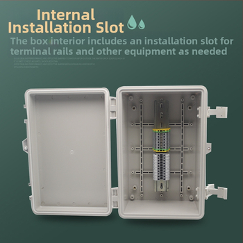 Vodotesná ABS rozvodná skrinka s výklopným krytom na pántoch, uzamykateľná, pre vonkajšiu kabeláž.