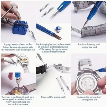 Pulksteņu remonta komplekts, 185 gab., tērauda instrumenti, pamata pulksteņu remontam, Neto svars 0.636 kg