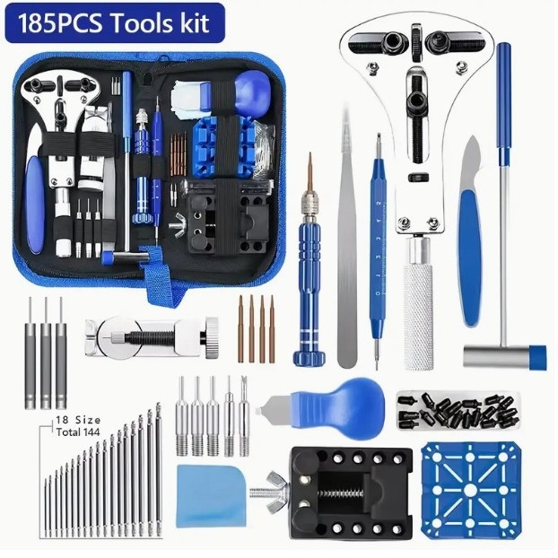 Pulksteņu remonta komplekts, 185 gab., tērauda instrumenti, pamata pulksteņu remontam, Neto svars 0.636 kg