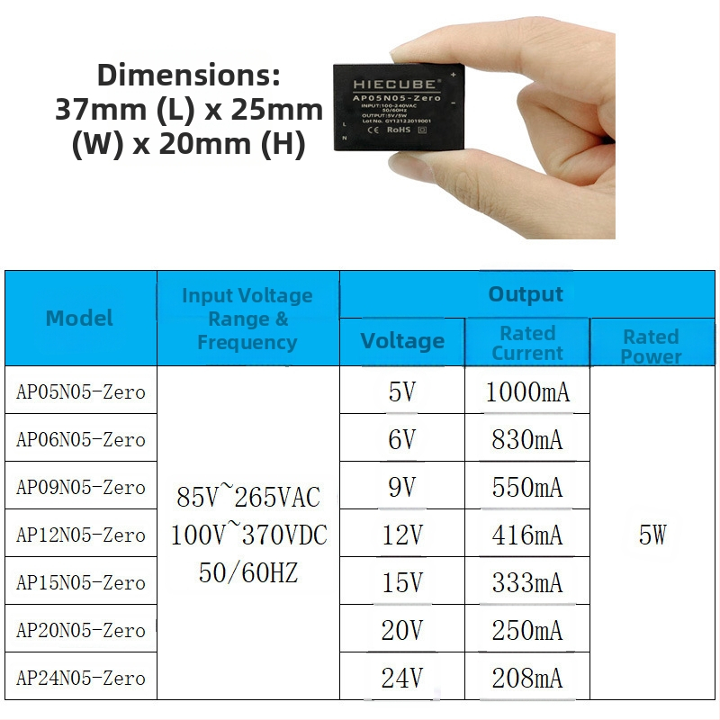 High Energy Cube 5W AC-DC barošanas modulis, ievade 220V, izeja 5V1A, izolēts regulators, CE sertificēts (AP05N05-Zero)