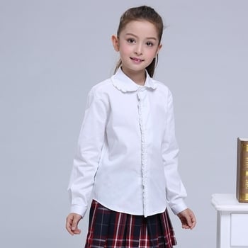 Cămașă de fetițe din bumbac, mânecă lungă, guler rotund, stil korean pentru uniformă școlară, 97% bumbac