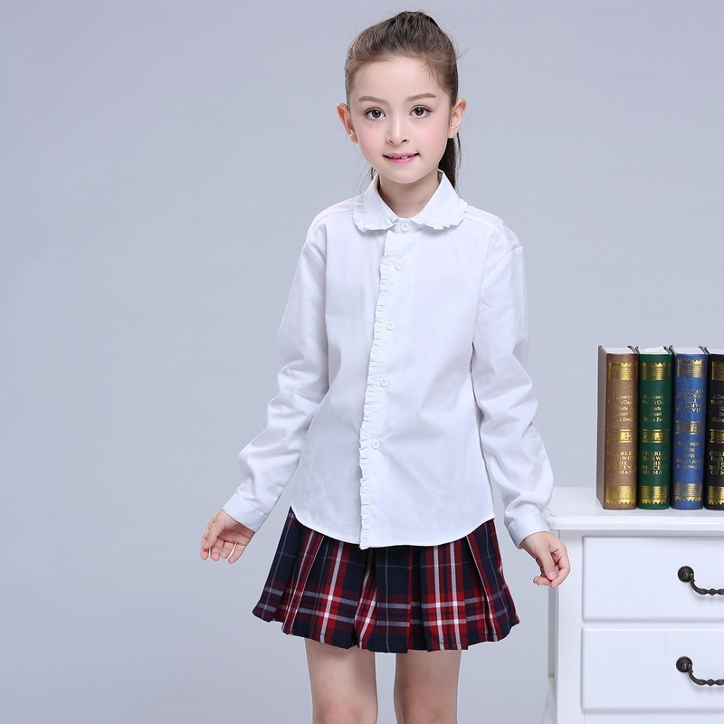 Cămașă de fetițe din bumbac, mânecă lungă, guler rotund, stil korean pentru uniformă școlară, 97% bumbac
