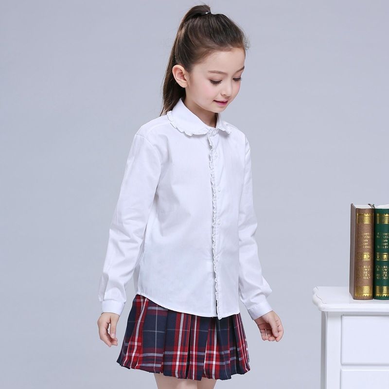 Cămașă de fetițe din bumbac, mânecă lungă, guler rotund, stil korean pentru uniformă școlară, 97% bumbac