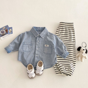 Gyermekeknek szóló denim ing, koreai stílus, gallér lapel, hosszú ujjú, 95% pamut