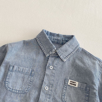 Gyermekeknek szóló denim ing, koreai stílus, gallér lapel, hosszú ujjú, 95% pamut