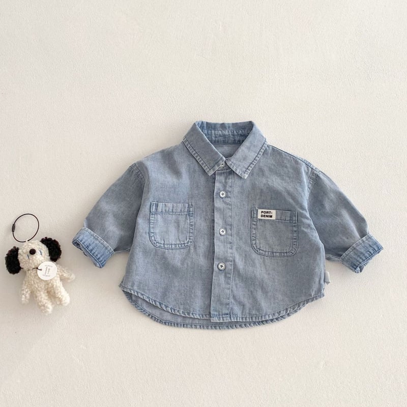 Gyermekeknek szóló denim ing, koreai stílus, gallér lapel, hosszú ujjú, 95% pamut