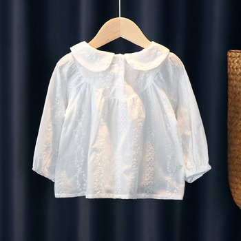 Cămașă pentru copii – stil dulce, mâneci lungi cu dantelă, guler rotund, bumbac 91–95%, vârsta 3–8 ani