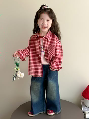 Detský dvojdielny set pre skorú jeseň: košieľka a tričko, s golierom s klopou, mriežkový vzor, 88% polyester, 3–8 rokov.