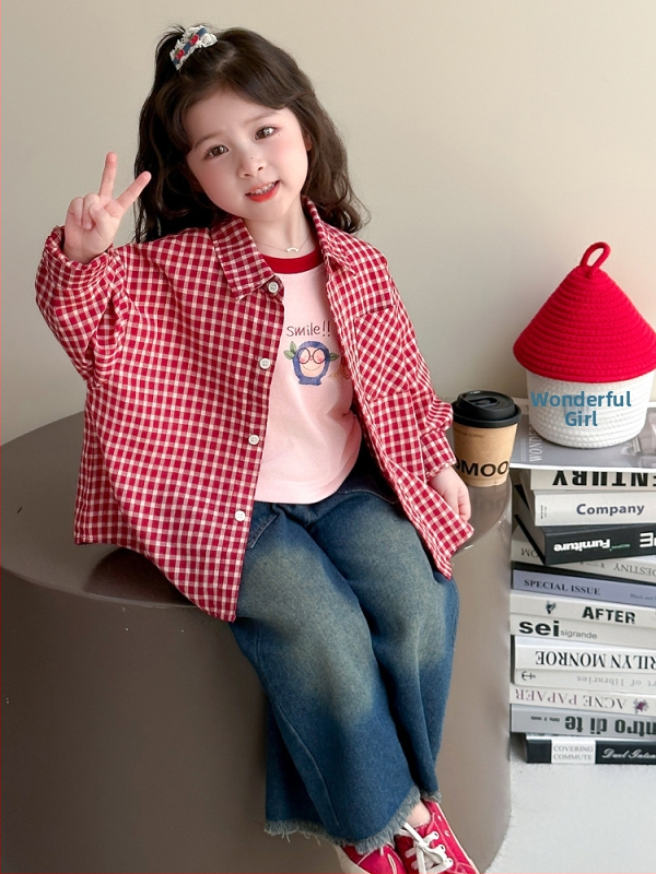 Detský dvojdielny set pre skorú jeseň: košieľka a tričko, s golierom s klopou, mriežkový vzor, 88% polyester, 3–8 rokov.