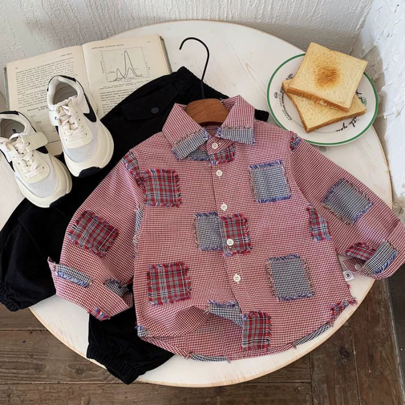 Dječja košulja s dugim rukavima, korejskog stila karirani uzorak, pamuk 80%, unisex