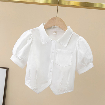 Dievčenská bavlnená košeľa s krátkymi rukávmi, golier rever, jednobarevný vzor, letný kolégia pre dievčatá