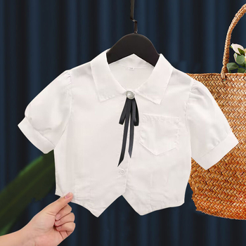 Dievčenská bavlnená košeľa s krátkymi rukávmi, golier rever, jednobarevný vzor, letný kolégia pre dievčatá