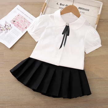 Dievčenská bavlnená košeľa s krátkymi rukávmi, golier rever, jednobarevný vzor, letný kolégia pre dievčatá