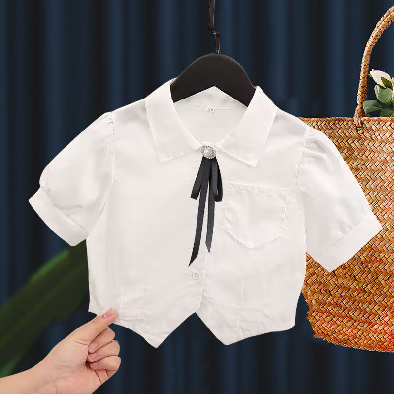 Dievčenská bavlnená košeľa s krátkymi rukávmi, golier rever, jednobarevný vzor, letný kolégia pre dievčatá