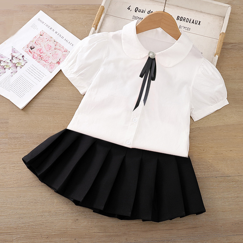 Dievčenská bavlnená košeľa s krátkymi rukávmi, golier rever, jednobarevný vzor, letný kolégia pre dievčatá