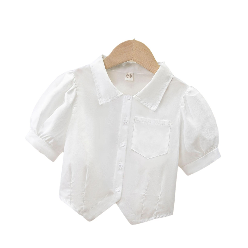 Dievčenská bavlnená košeľa s krátkymi rukávmi, golier rever, jednobarevný vzor, letný kolégia pre dievčatá