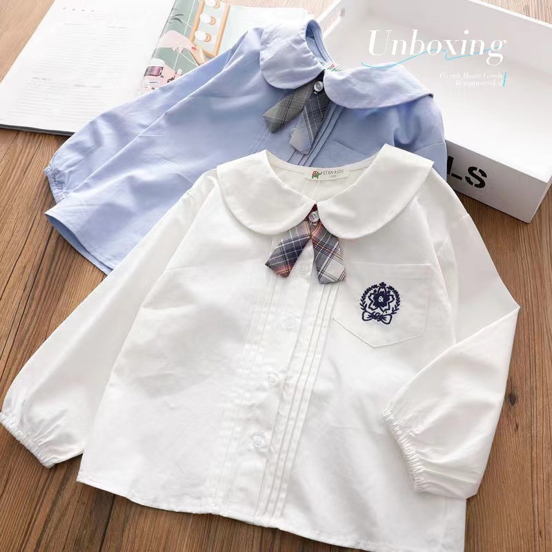 Dječja košulja za djevojčice s dugim rukavima i ovratnikom lapel, prugasti uzorak, preppy stil; za djevojčice 3–8 godina