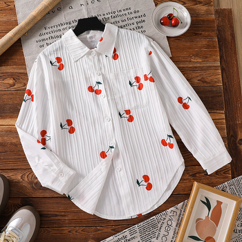 Dievčenská košeľa - čerešňový vzor, golier s klopou, dlhé rukávy, korejský štýl, bavlna-poliesterová zmes