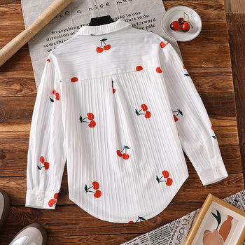 Dievčenská košeľa - čerešňový vzor, golier s klopou, dlhé rukávy, korejský štýl, bavlna-poliesterová zmes