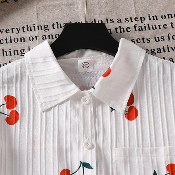 Dievčenská košeľa - čerešňový vzor, golier s klopou, dlhé rukávy, korejský štýl, bavlna-poliesterová zmes