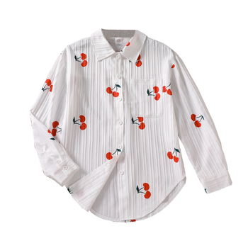 Dievčenská košeľa - čerešňový vzor, golier s klopou, dlhé rukávy, korejský štýl, bavlna-poliesterová zmes