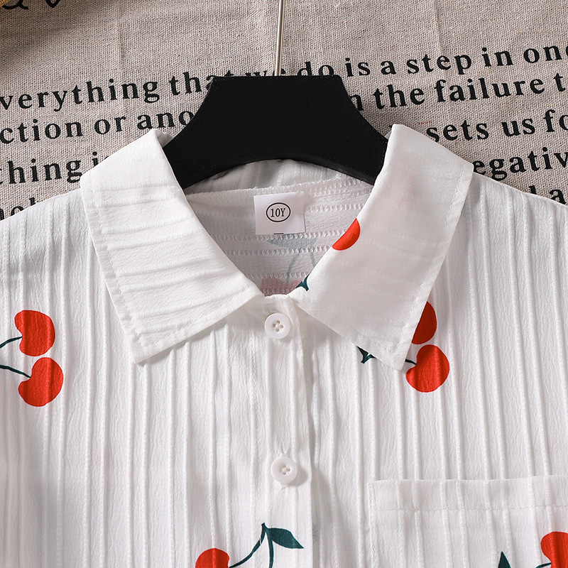 Dievčenská košeľa - čerešňový vzor, golier s klopou, dlhé rukávy, korejský štýl, bavlna-poliesterová zmes