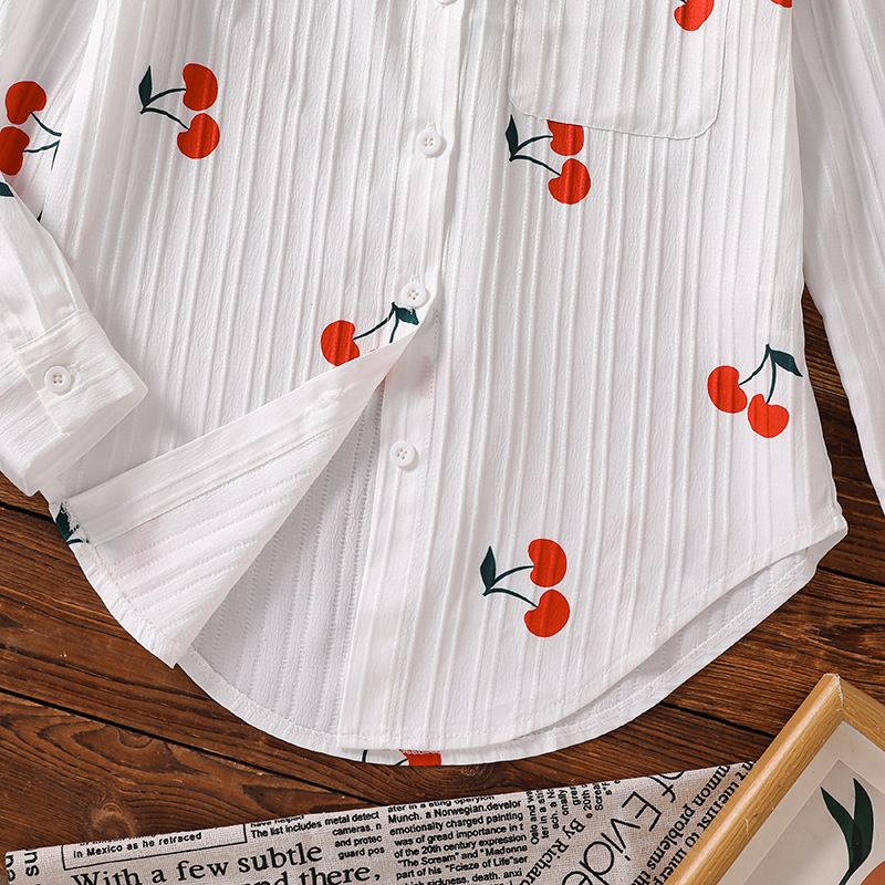 Dievčenská košeľa - čerešňový vzor, golier s klopou, dlhé rukávy, korejský štýl, bavlna-poliesterová zmes
