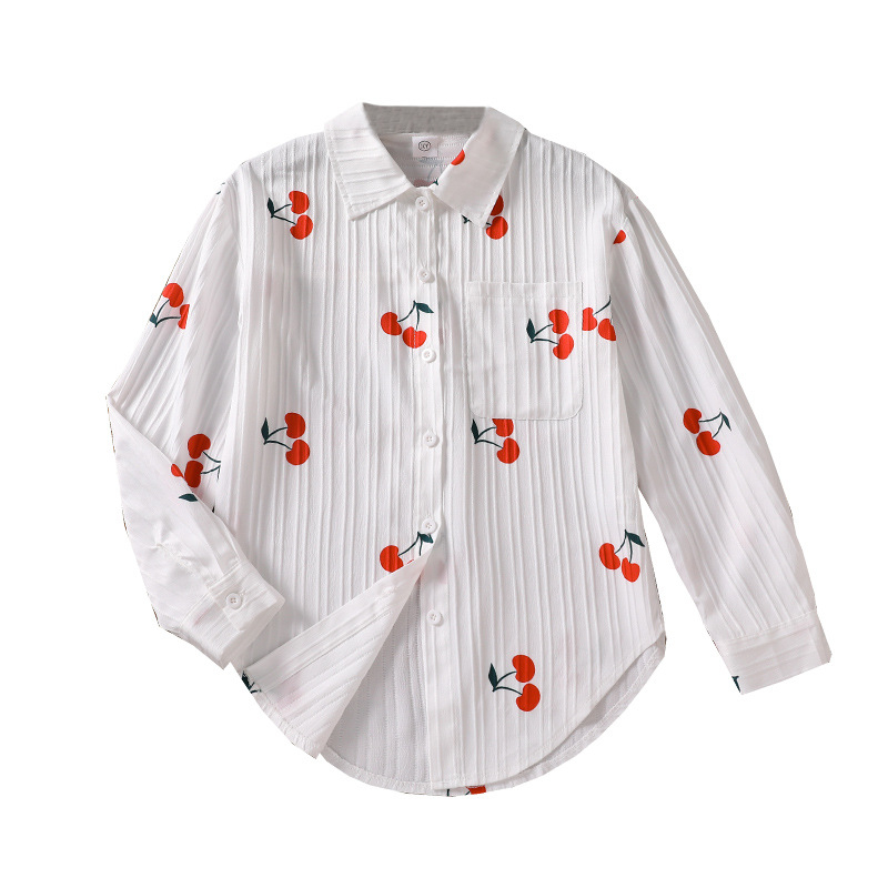 Dievčenská košeľa - čerešňový vzor, golier s klopou, dlhé rukávy, korejský štýl, bavlna-poliesterová zmes