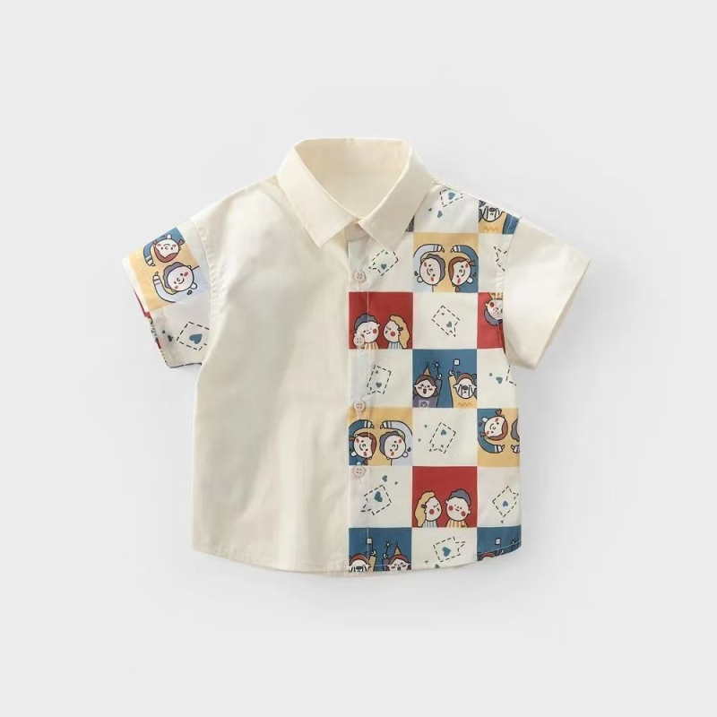 Dječja košulja s patchwork kariranim uzorcima, kratki rukavi, 100% pamuk, ležerni stil, za uzrast 3-8 godina