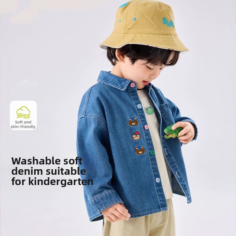 Detská vypraná džínová bunda s golierom na klopy, dlhé rukávy, ležérne vonkajšie oblečenie na jar a jeseň, bavlna 91–95%