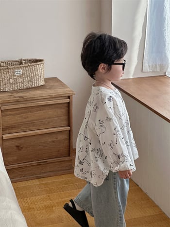 Dječja košulja u korejskom stilu, okrugli izrez, dugi rukavi, 90% pamuka s enzimski pranjem