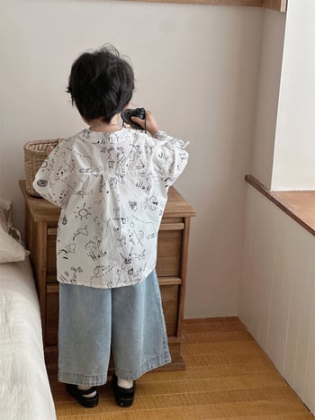Dječja košulja u korejskom stilu, okrugli izrez, dugi rukavi, 90% pamuka s enzimski pranjem