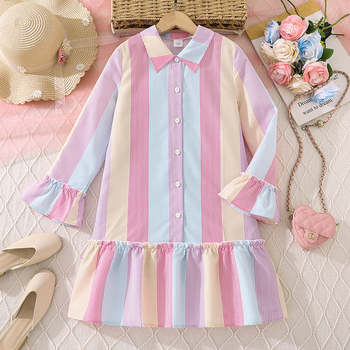 Dievčenské šaty s prúžkami, dlhé rukávy, košieľové šaty s A-liniou, polyesterový materiál