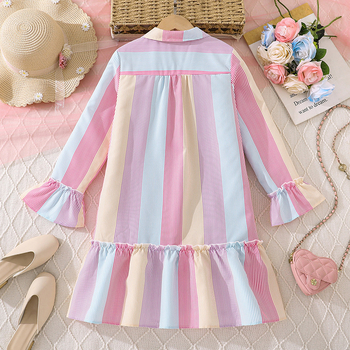 Dievčenské šaty s prúžkami, dlhé rukávy, košieľové šaty s A-liniou, polyesterový materiál
