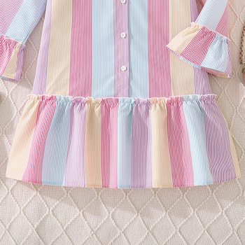 Dievčenské šaty s prúžkami, dlhé rukávy, košieľové šaty s A-liniou, polyesterový materiál